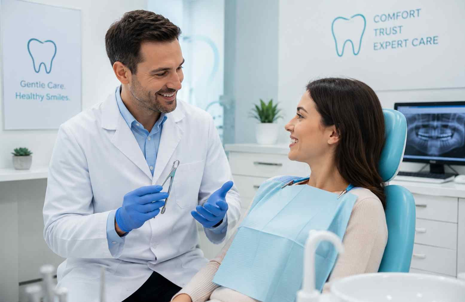 Bradford dentist explaining a gentle tooth extraction recovery guide to a patient