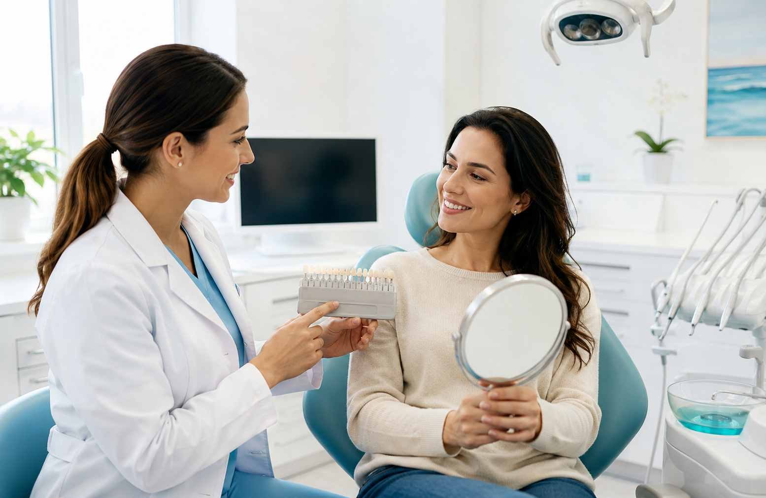 Bradford dentist using a shade-matching guide for custom porcelain veneers