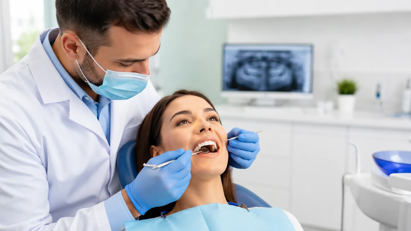 Dentist examining a patient’s tooth for possible decay and a dental filling.