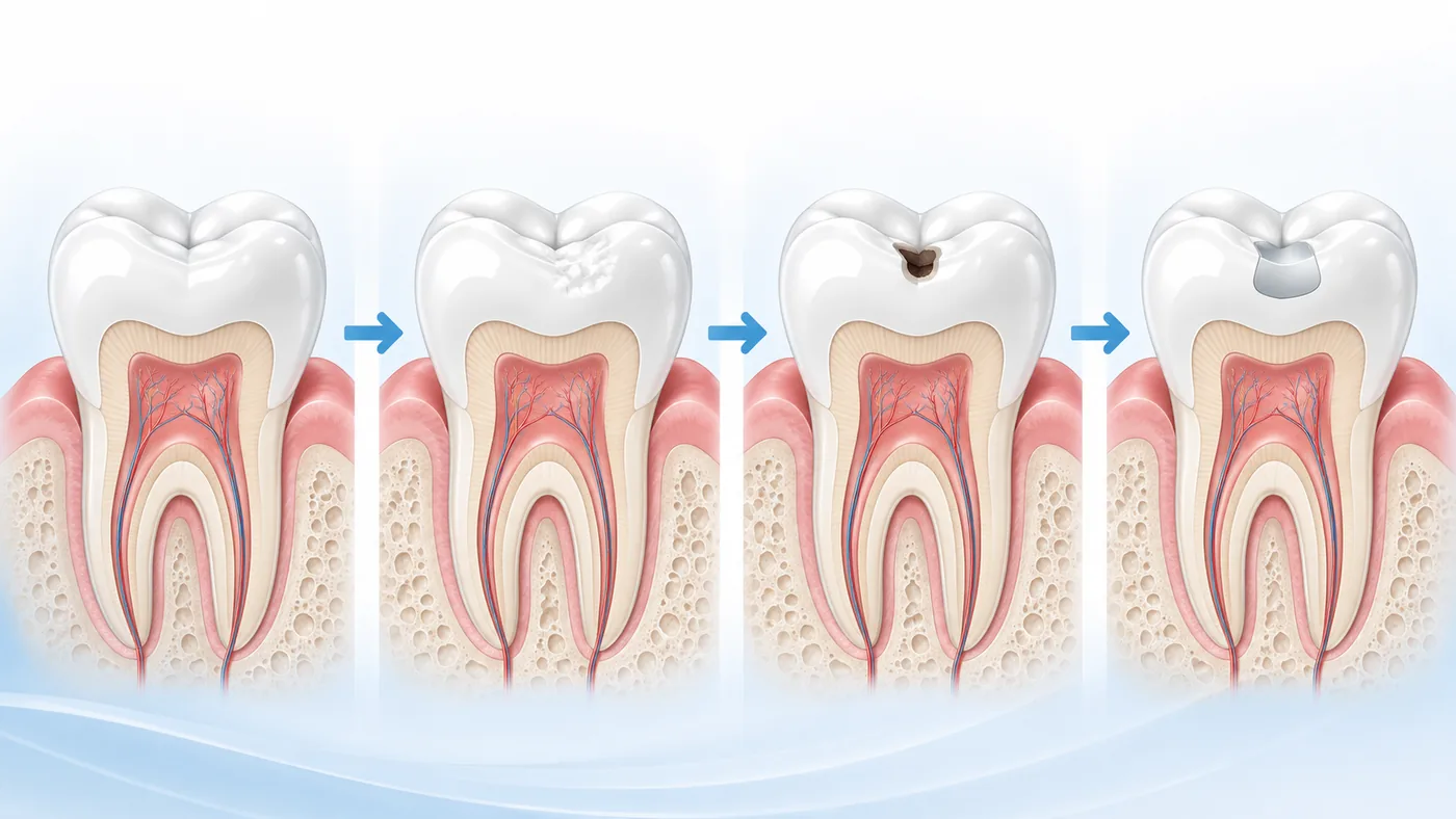 Illustration showing tooth decay progressing from early enamel damage to a cavity restored with a dental filling.