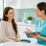 Patient speaking with a dental professional during a first-visit consultation