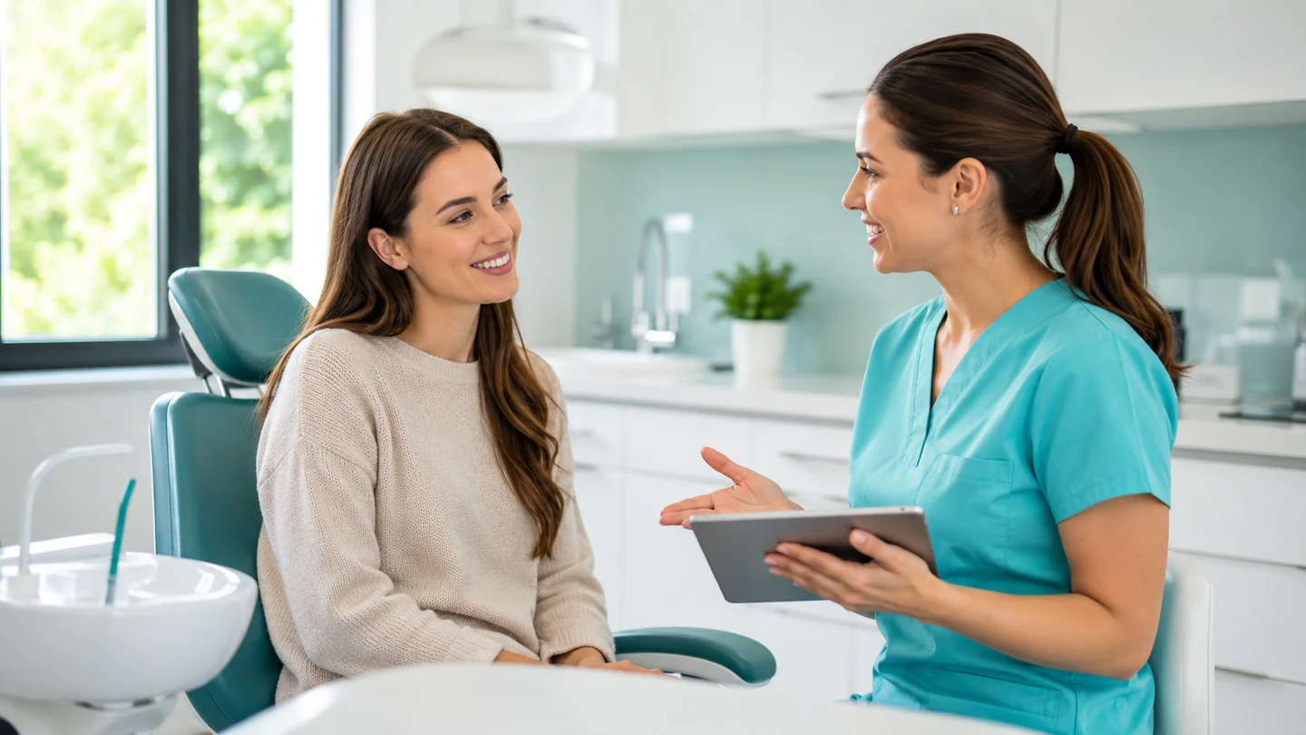 Patient speaking with a dental professional during a first-visit consultation