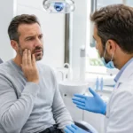 Patient discussing urgent tooth pain with a dentist