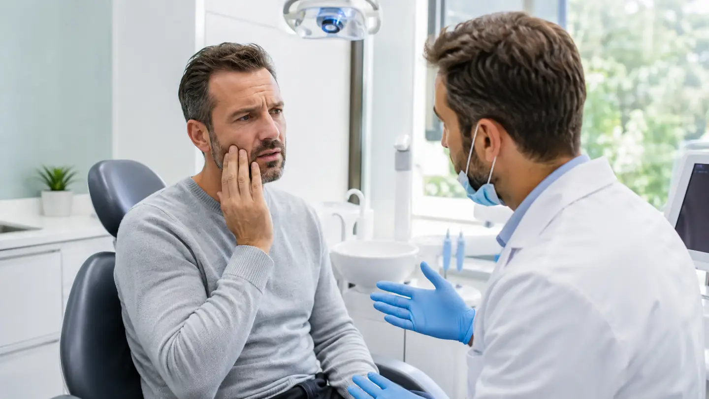 Patient discussing urgent tooth pain with a dentist