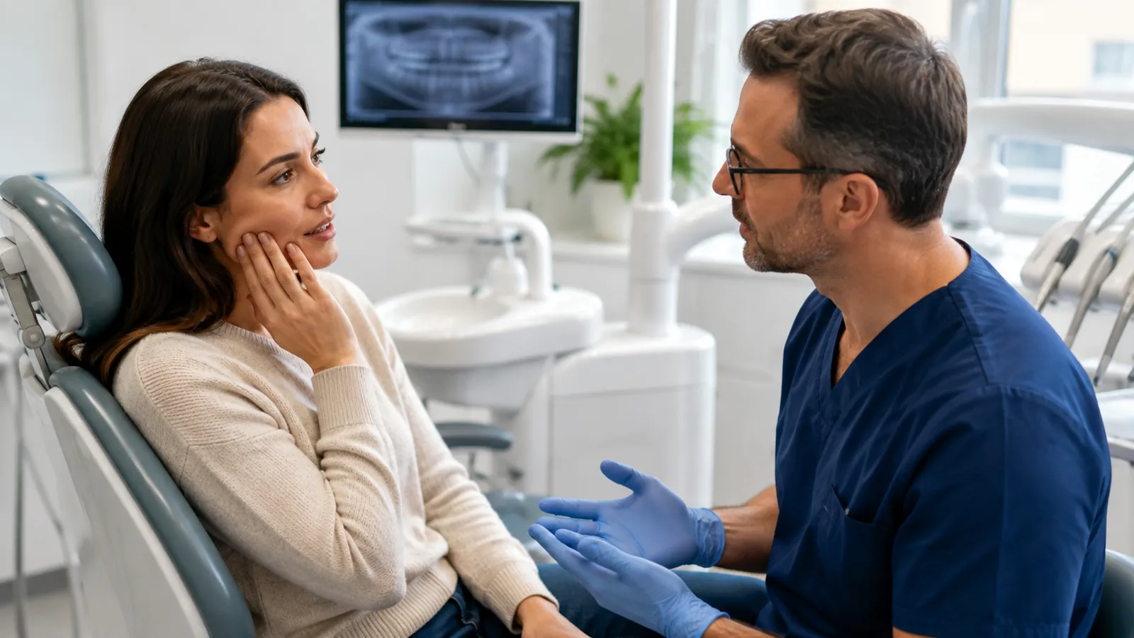 Patient discussing urgent dental pain with a dentist