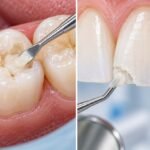 Comparison of a white composite filling on a back tooth and dental bonding repairing a chipped front tooth.