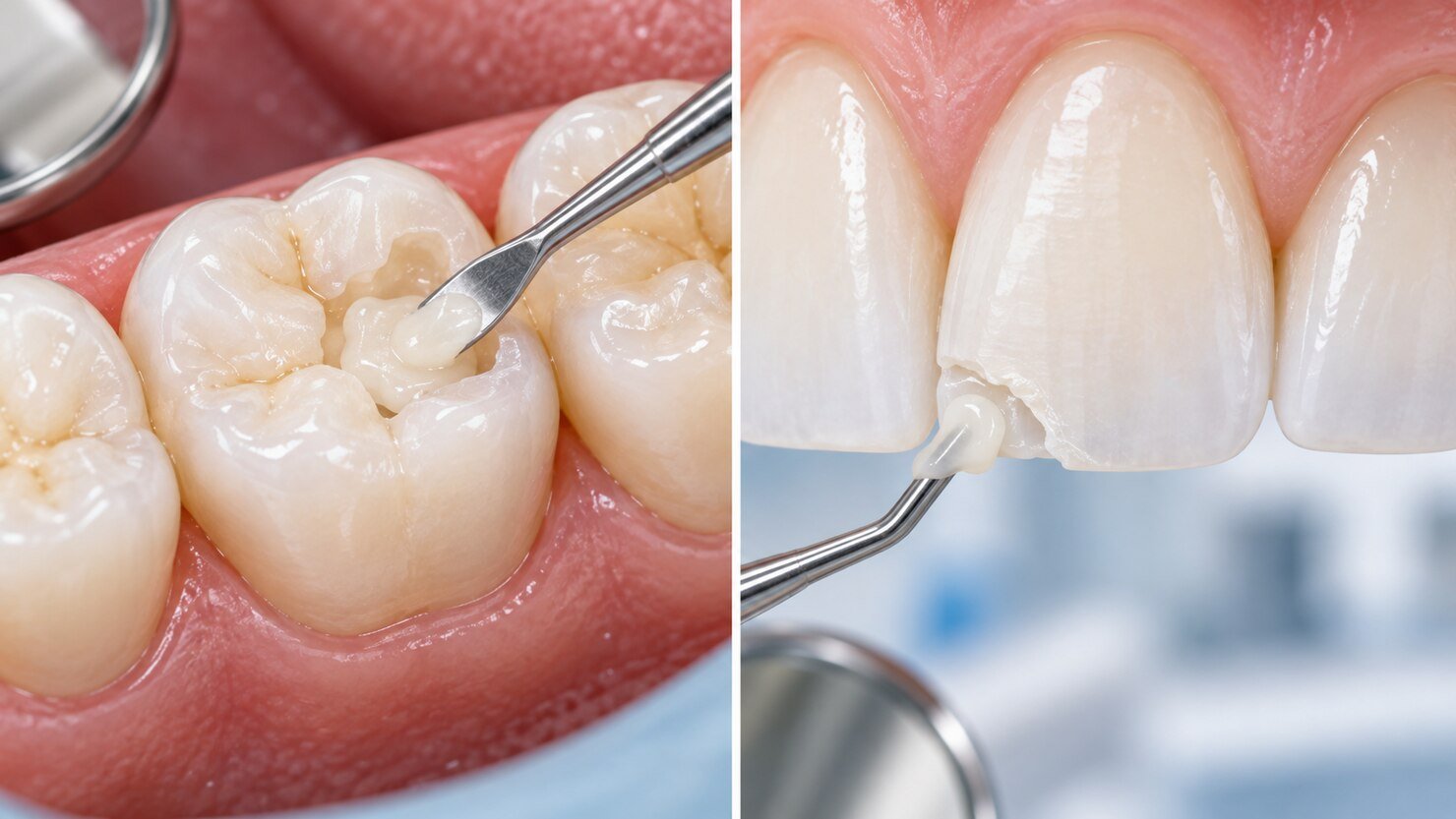 Comparison of a white composite filling on a back tooth and dental bonding repairing a chipped front tooth.