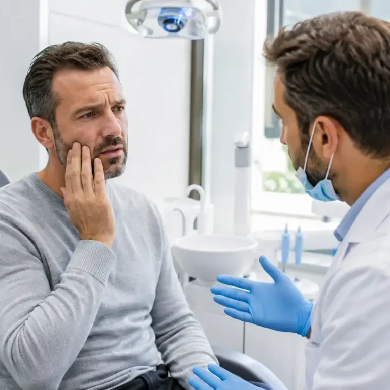 Patient discussing urgent tooth pain with a dentist